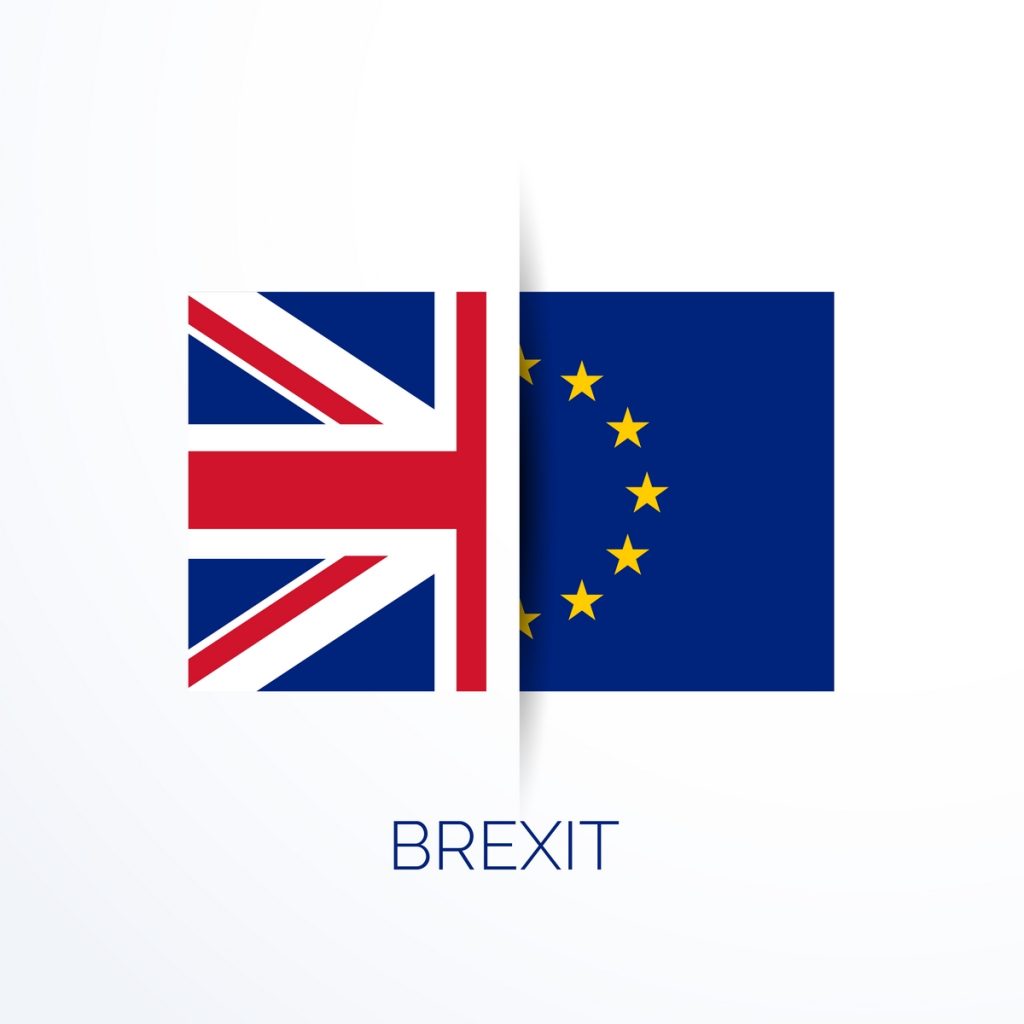 A graphic illustrating brexit with the uk flag on the left merging into the eu flag on the right, separated by a vertical line. the word "brexit" is displayed below.